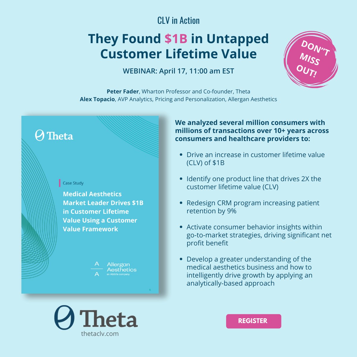 ThetaCLV's tweet image. LAST CHANCE: $1B in additional customer lifetime value. That is just ONE of the big opportunities Allergan Aesthetics uncovered in their CLV analysis with us. Come hear their story in this edition of CLV in Action. April 17 at 11:00 am EST
REGISTER: hubs.la/Q02t3vCw0