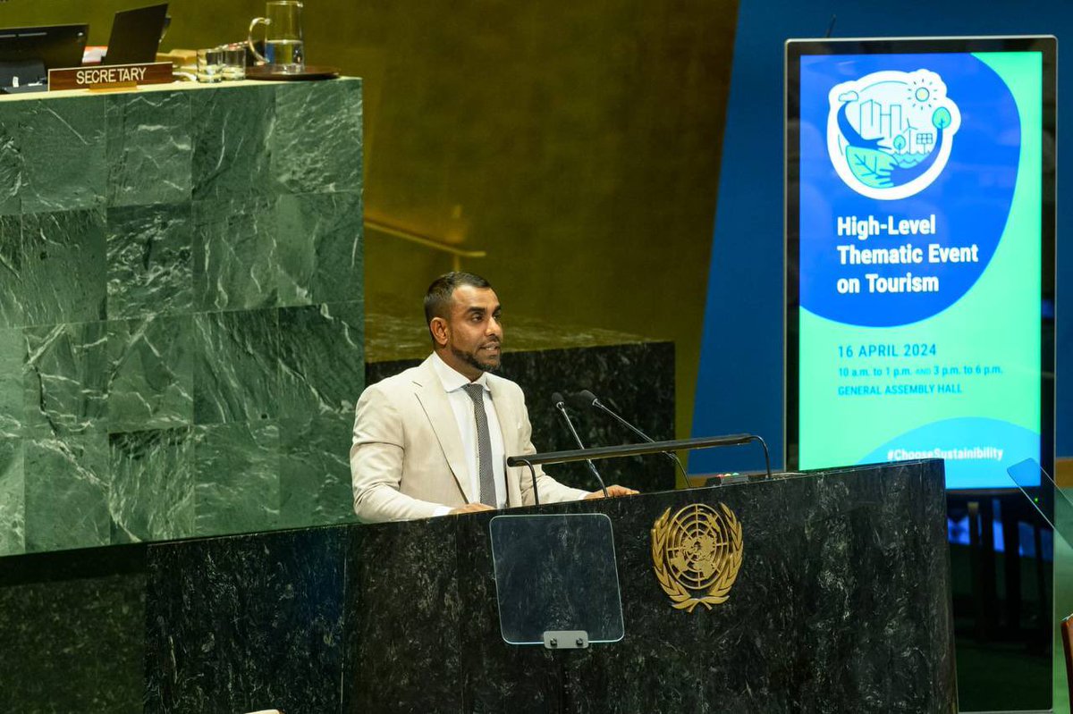 Honored to present the Maldives' vision for resilient, sustainable tourism at UN High-Level Thematic Event, contributing to the global dialogue on the future of tourism. Let us forge a future for the industry marked by prosperity and sustainability.