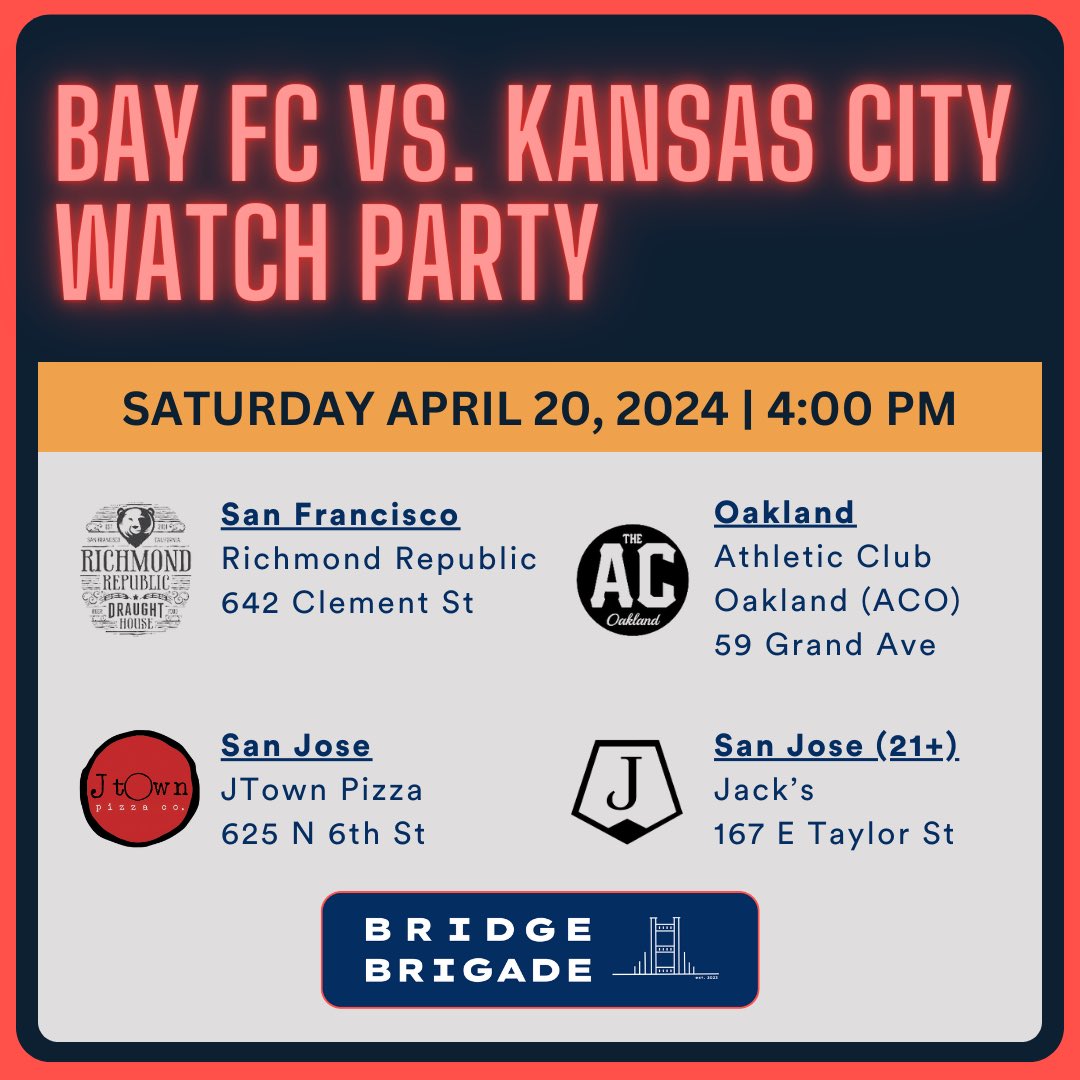 Bay FC is back on the road! Come watch the team take on Kansas City this Saturday, April 20. We’ll be there at 4:00pm with a 4:30pm kick off.
San Jose: <a href="/JacksBar/">Jack's</a> <a href="/jtownpizza/">Jtown Pizza Co.</a> 
SF: <a href="/rrdraughthouse/">Richmond Republic SF</a> 
Oakland: <a href="/theacoakland/">theacoakland</a>