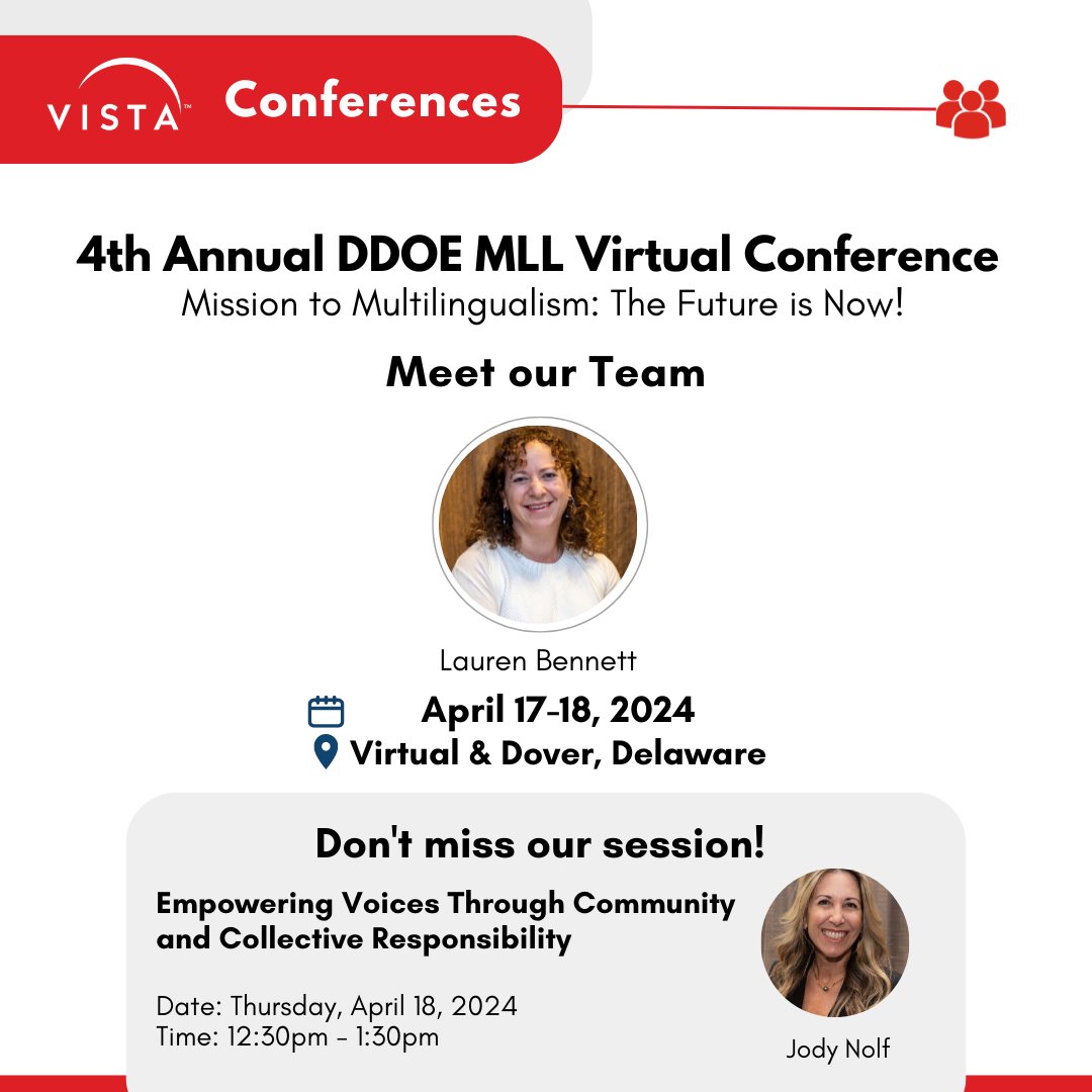 We can't wait to see you at the Mission to Multilingualism: The Future is Now, DDOE’s 4th Annual Virtual Conference for Multilingual Learners! 🌍

Learn more here: bit.ly/49MGxdf

#prek12 @DELLTA_DE