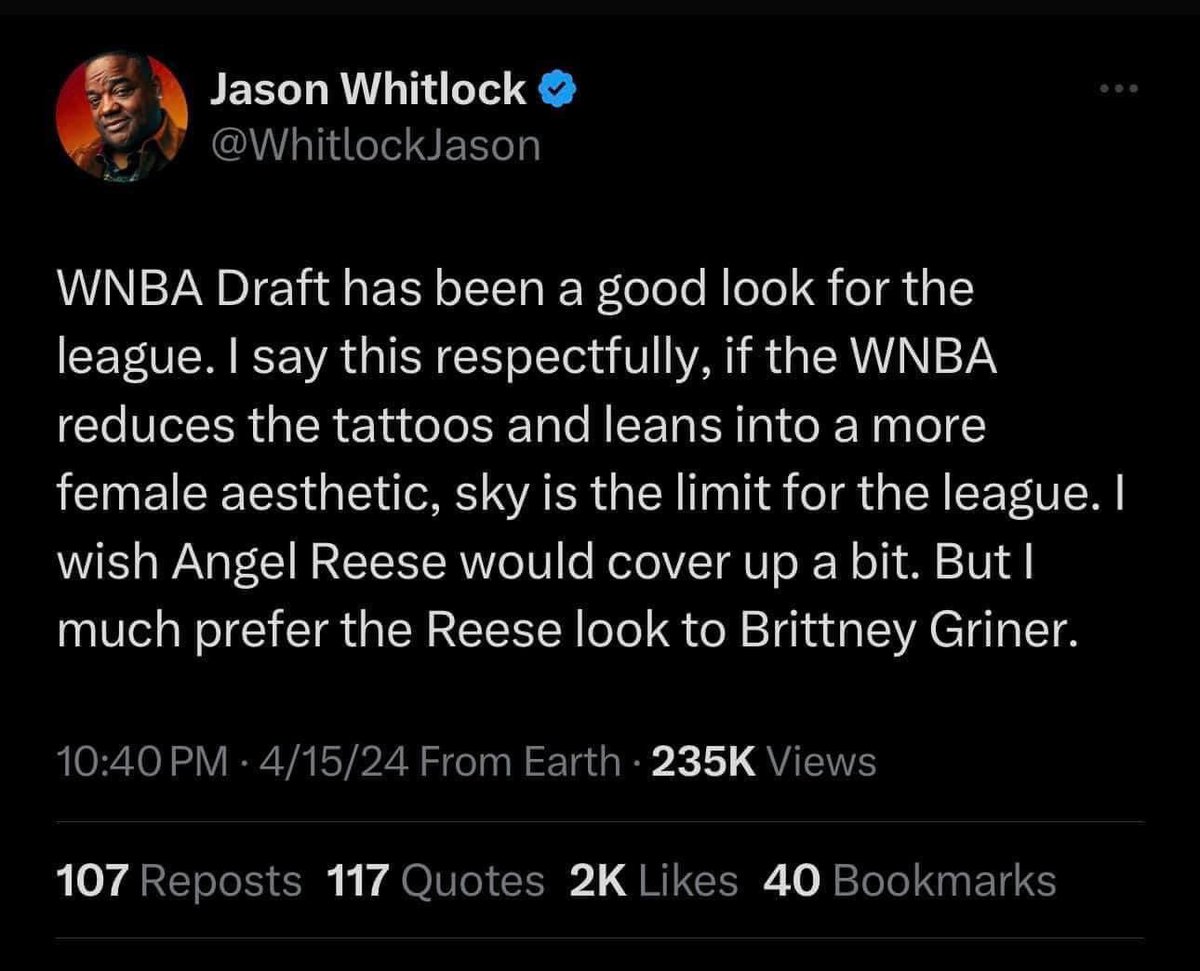 What has happened to Ball State grad @JasonWhitlock y’all? Did he forgot about inclusiveness, equality, and the need for ALL PEOPLE to be seen and heard. He literally says “I wish @AngelReese would cover up a bit.” 🙄 That’s sad, dude. #DoBetterJason