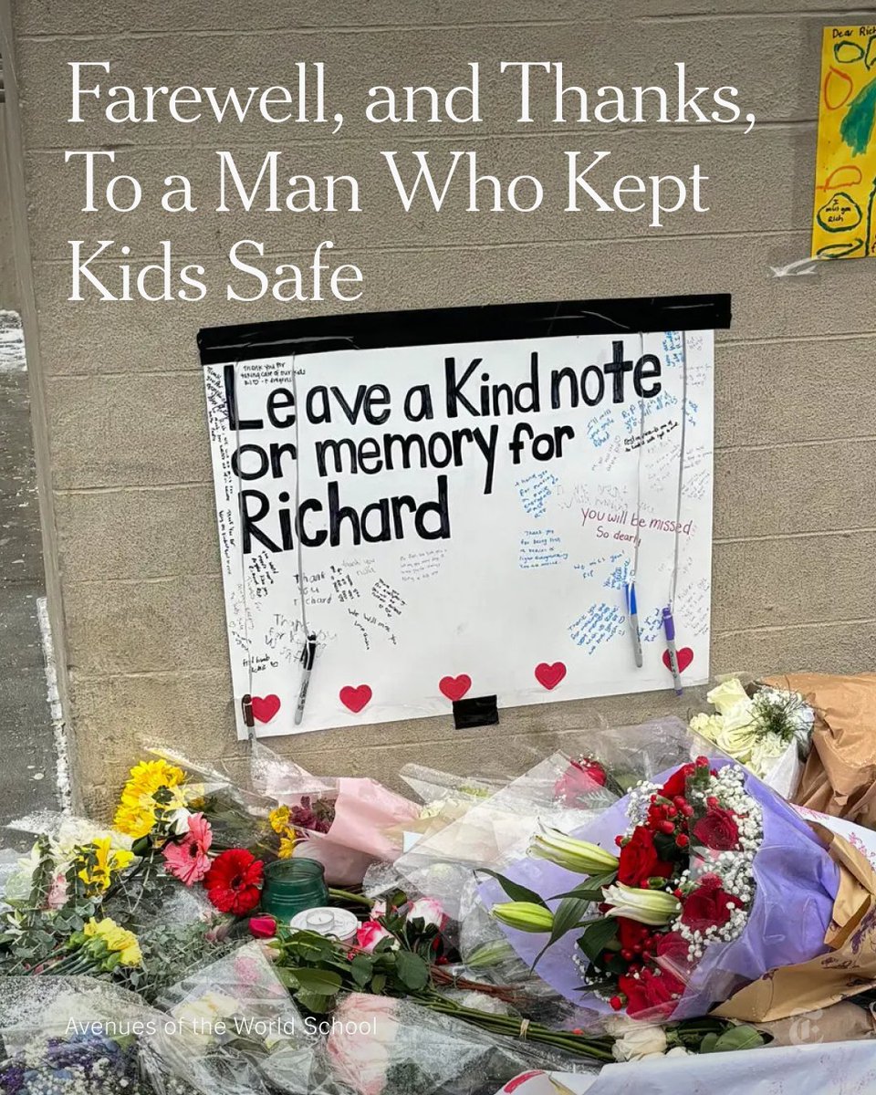 Richard Henderson, a beloved crossing guard, protected Avenues of the World School students every school day at the corner of 10th and 25th in Manhattan. When they lost him, students paid tribute to him in flowers, a cup of cocoa and chalk. nyti.ms/3Umke9L