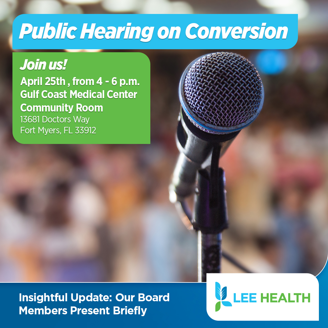 Lee Health's Board of Directors invites you to a public hearing on Thursday, April 25. The presentation will discuss the ongoing evaluation of converting the health system to a community-focused nonprofit structure. More info: leehealth.org/lookingahead #LeeHealth #SWFL