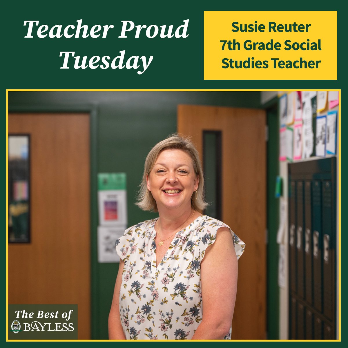 This #TeacherProudTuesday is for JH Social Studies Teacher Susie Reuter!

Ms. Reuter does a great job supporting students. She often takes her own time to talk with them about how she can best help. This has made a significant impact on many of her students! #BringTheStampede