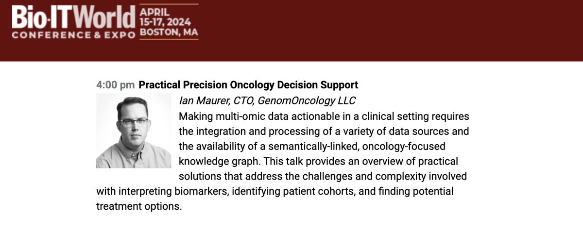 Check out our new presentation TODAY at 4 pm on the AI for Oncology track at #BioIT! Learn how GenomOncology addresses the challenges involved with interpreting biomarkers, identifying patient cohorts, and finding potential treatment options. #precisionmedicine