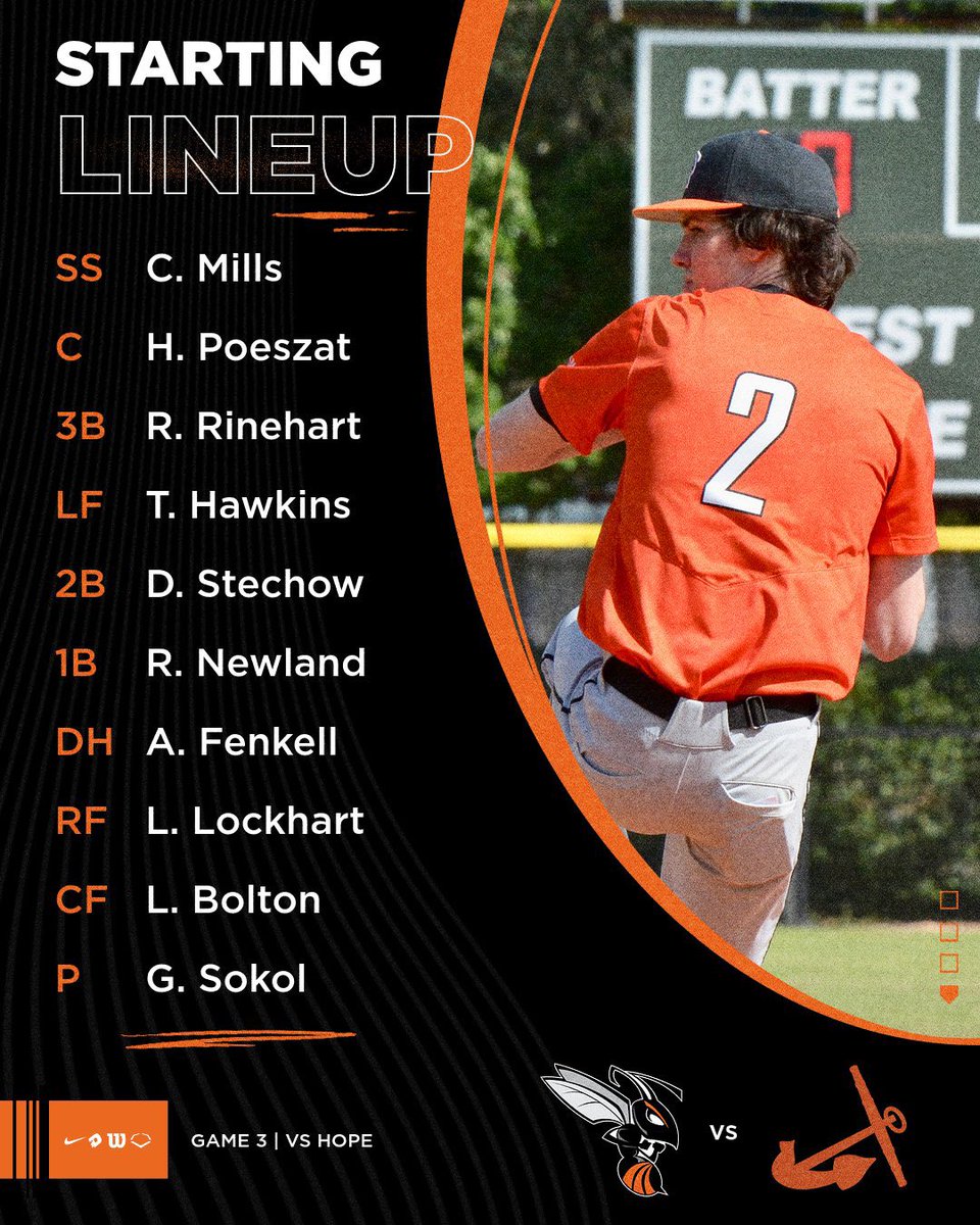 The Hornets send @gabe_sokol to the mound for the final game of the series against Hope.🐝⚾️ #d3baseball