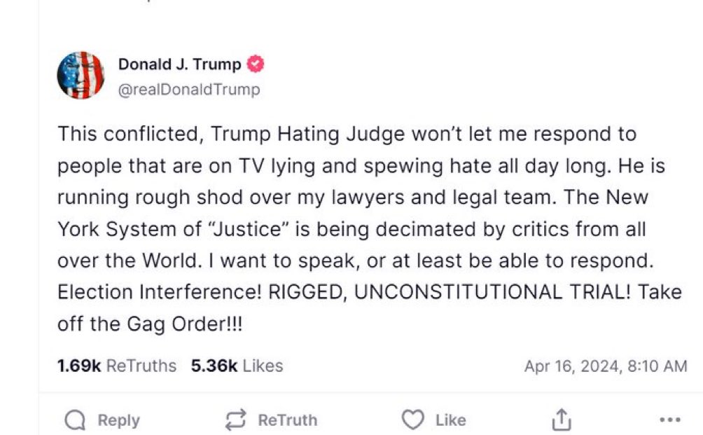 President Trump spoke out about Judge Merchan on Truth Social today.

Merchan continues to violate President Trump’s free speech and has allowed for partisan hacks to be jurors. 

Donald Trump isn’t getting a fair trial. 

This is a Witch Hunt. We are truly a third world country.