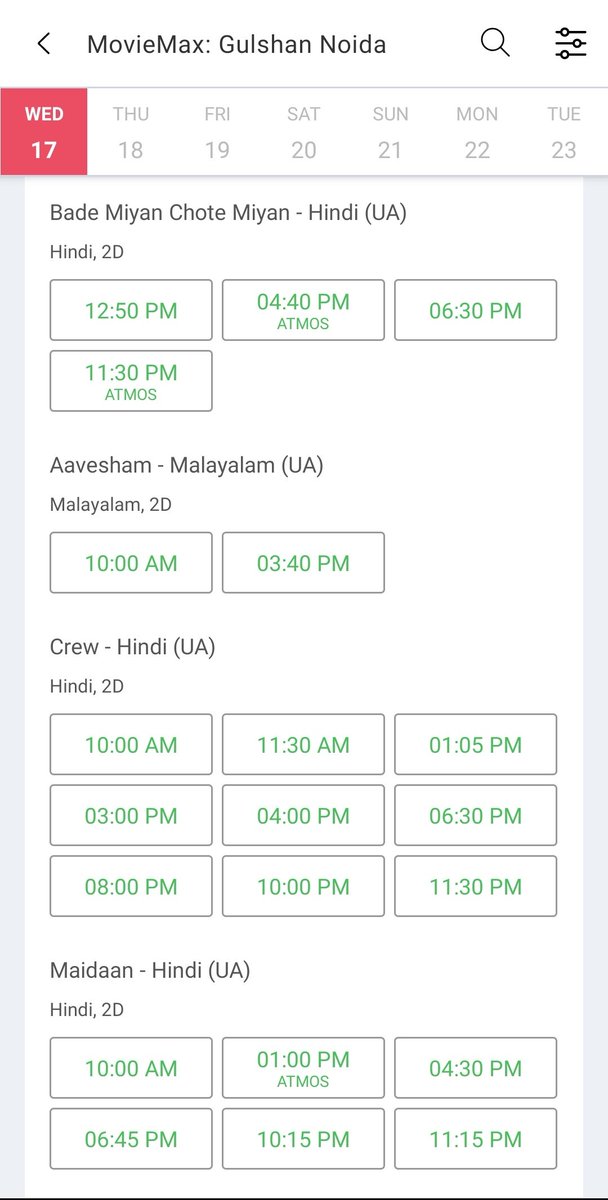 Moviemax: Noida Shows

#Crew - 9 shows
#Maidaan - 6 shows
#BadeMiyanChoteMiyan - 6 shows