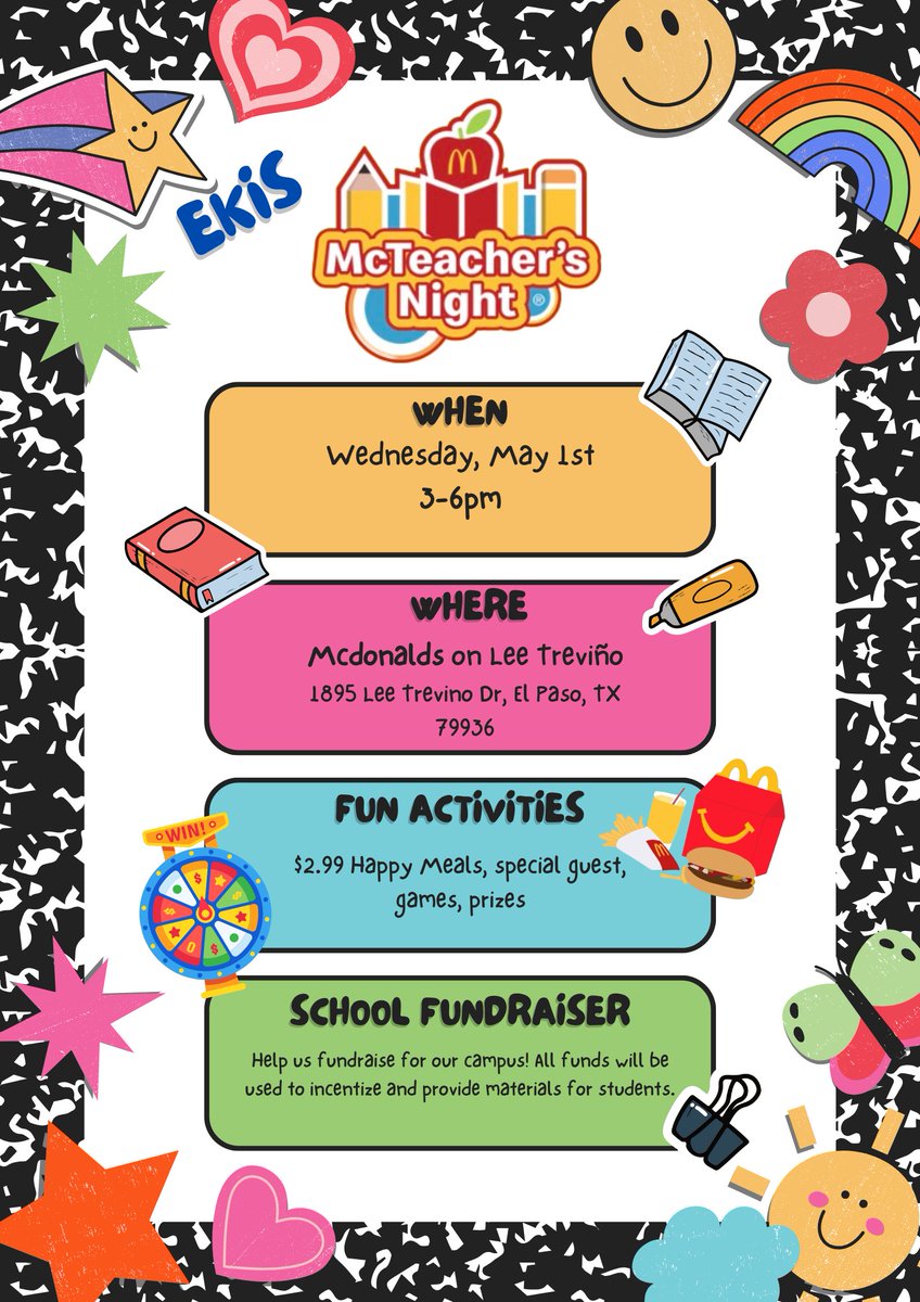 Join Us for our first EKIS McTeacher Night 🍔💙🍟💛🐉 🗓️ When: May 1st 🗺️ Where: McDonald's on Lee Treviño ⏰ Time: 3-6pm @EastwoodKnolls