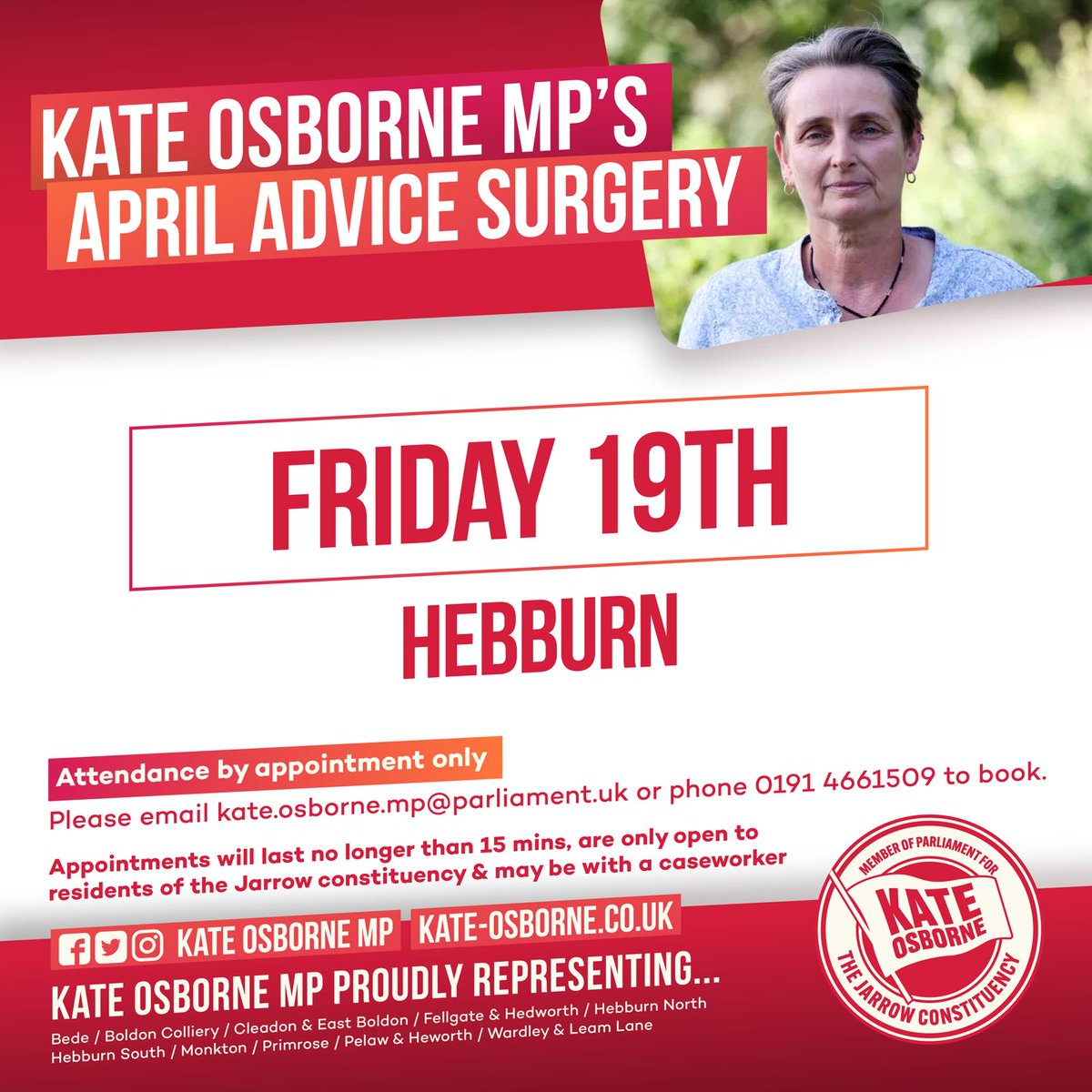 There are appointments available for my upcoming advice surgery on Friday 19th April in Hebburn👇 If you would like an appt to discuss an issue or problem, please email: kate.osborne.mp@parliament.uk or phone: 0191 4661509.