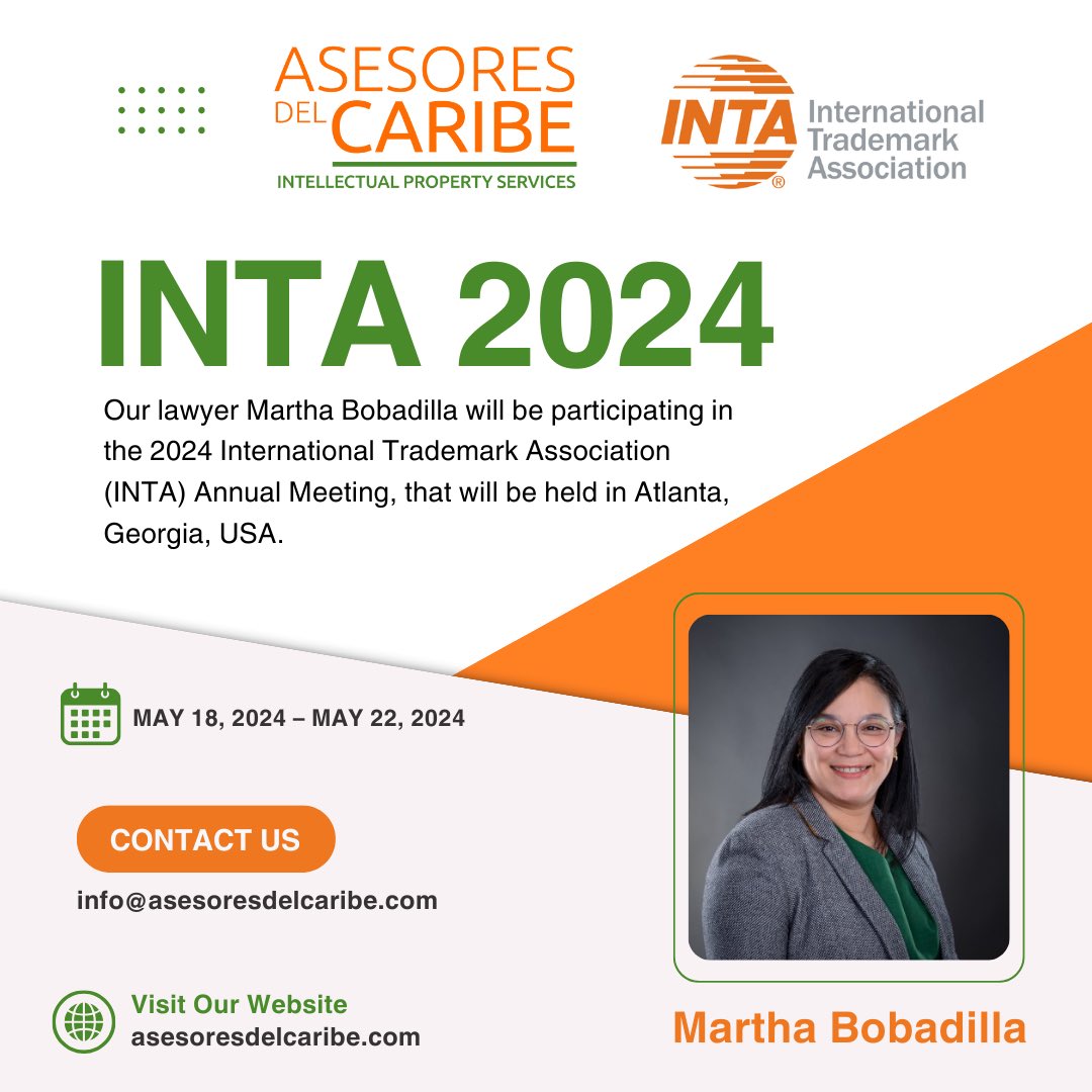 Our team will be assisting to the INTA Annual Meeting 2024 in Georgia, USA Save date. ————————————————————— Nuestro equipo asistirá a la Reunión Anual de INTA 2024 en Georgia, EE. UU. Guarde la fecha. 💻asesoresdelcaribe.com Caribbean #Caribe #marcasenelcaribe #marcas