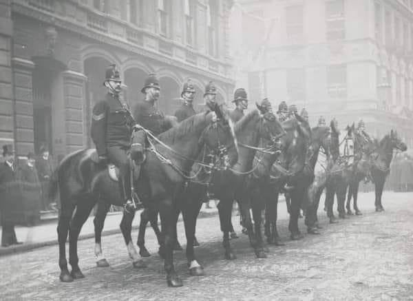 A photograph of the City of London Police mounted unit, taken circa 1900.