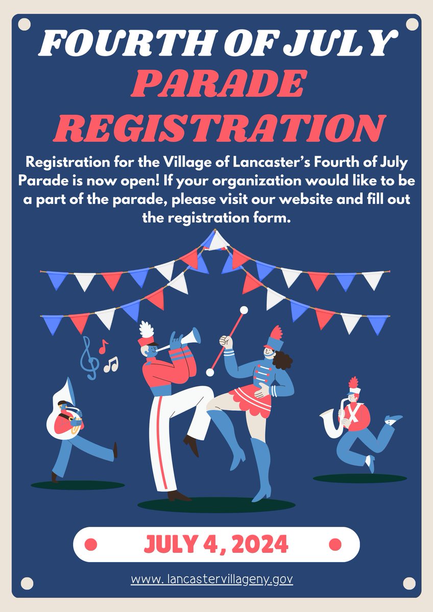 We are now accepting Fourth of July entry forms!

Deadline to enter is June 28, 2024, at 5:00p.m.

For the registration form and additional information, please visit our website at: lancastervillageny.gov/4th-of-july-pa…