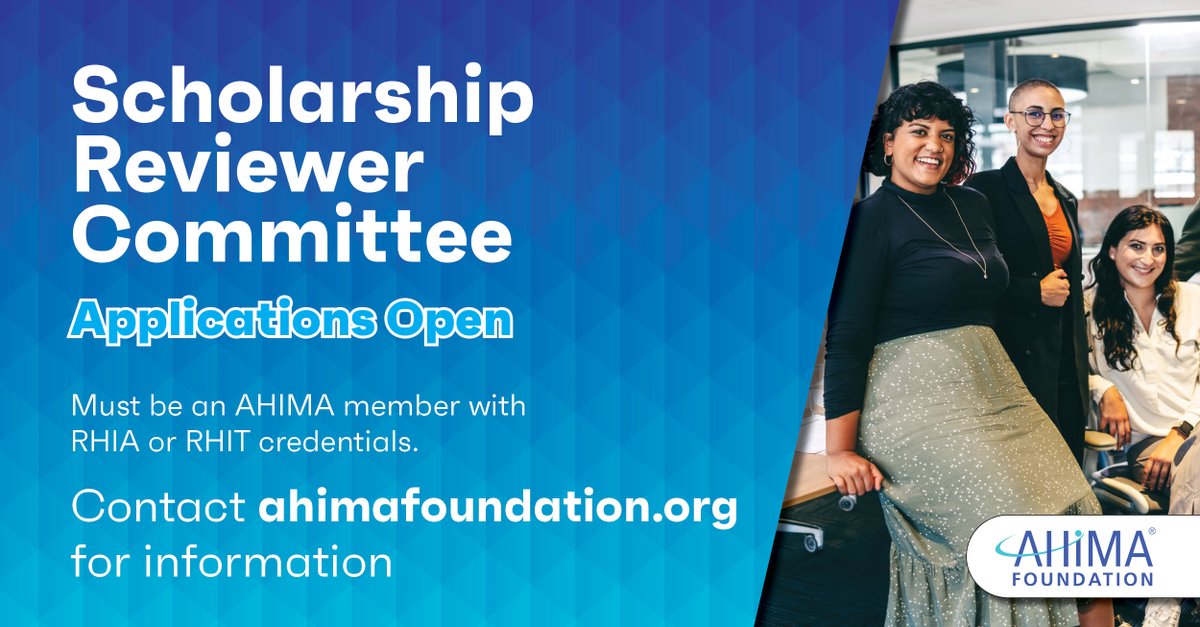 AHIMA Foundation (@ahimafoundation) on Twitter photo Are you an AHIMA member interested in participating in the 2024 Scholarship Reviewer Committee? 
To learn more and apply: hubs.la/Q02t3yyM0
#Scholarship #HealthInformation #HealthInformatics #HealthInformationManagement #Volunteers #AHIMA Are you an AHIMA member interested in participating in the 2024 Scholarship Reviewer Committee? 
To learn more and apply: hubs.la/Q02t3yyM0
#Scholarship #HealthInformation #HealthInformatics #HealthInformationManagement #Volunteers #AHIMA