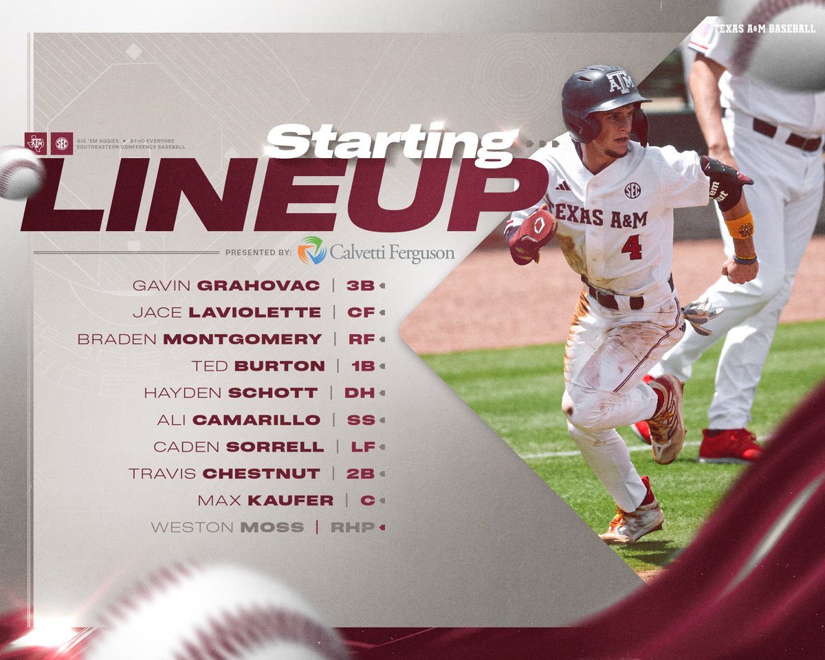 First Pitch 👉 4:02 p.m. 🔗: linktr.ee/aggiebaseball Midweek starters ⤵️ #GigEm