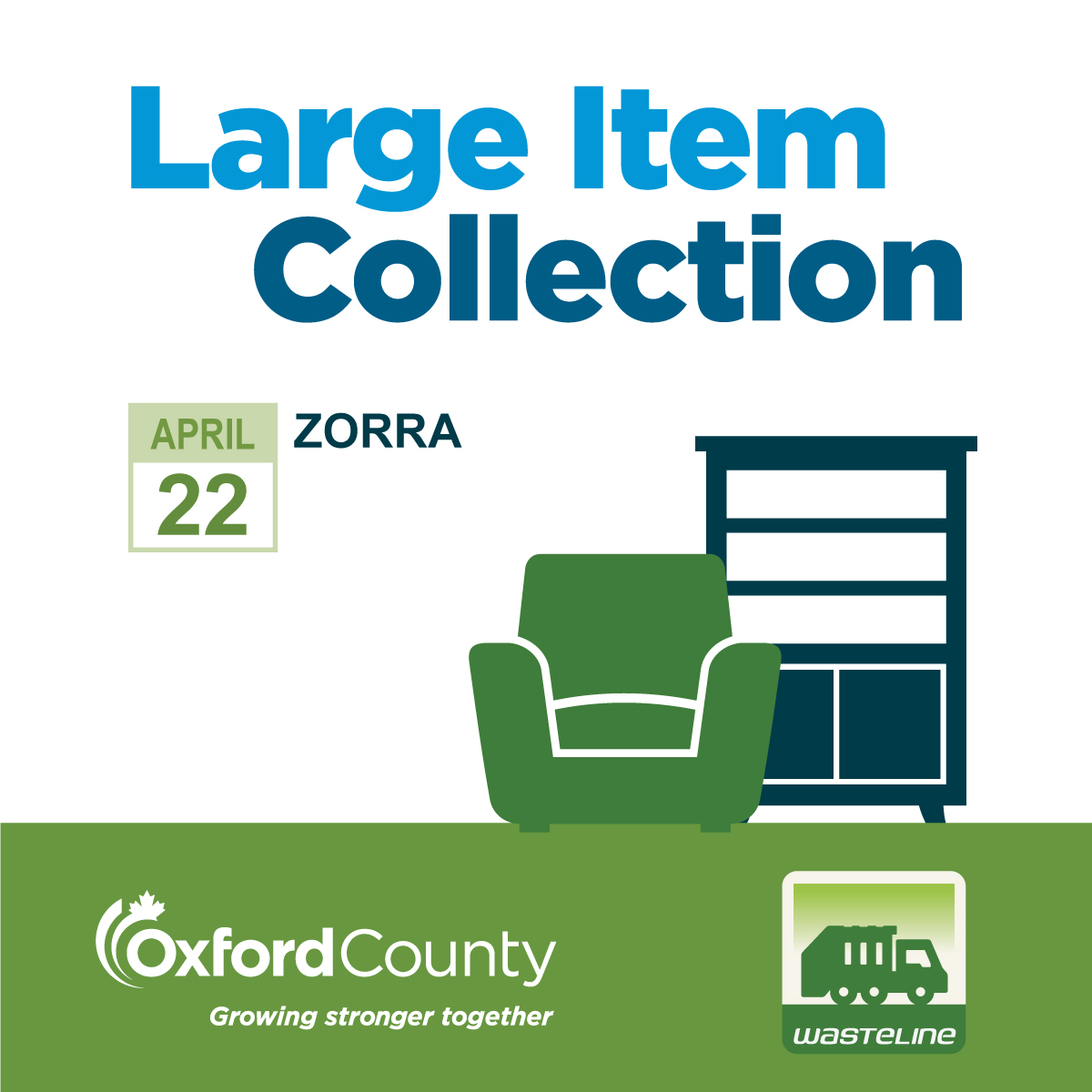 Get ready for Large Item Collection in @ZorraTwp: Crews will be in your area next week, starting Monday, April 22. Please have your items to the curb on the Monday by 7 a.m. For more information, including program requirements, visit oxfordcounty.ca/en/services-fo…