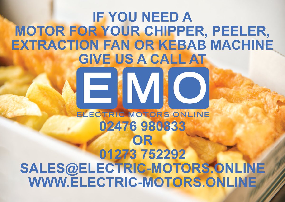 IF YOU NEED A MOTOR FOR YOUR CHIPPER, PEELER, EXTRACTION FAN OR KEBAB MACHINE, GIVE US A CALL AT EMO

02476 980833
OR
01273 752292
SALES@ELECTRIC-MOTORS.ONLINE
ELECTRIC-MOTORS.ONLINE

#chipshopmachinery #chipshop #potatopeeler #potatochipper #emo #electricmotorsonline