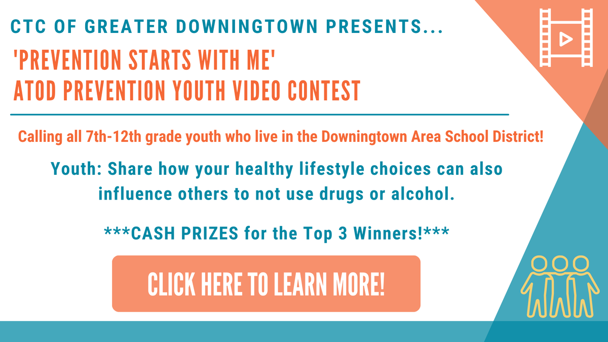 DtownCTC's tweet photo. Our 'Prevention Starts With Me' Video Contest Deadline is THIS FRIDAY (4/19) &amp; we want YOUR submissions! All Downingtown area 7th-12th graders are invited to submit and the top 3 winners will receive CASH prizes!! Learn more here: https://t.co/9K5ALY9RgK #DowningtownCTC https://t.co/hOvKA1Pjwh
