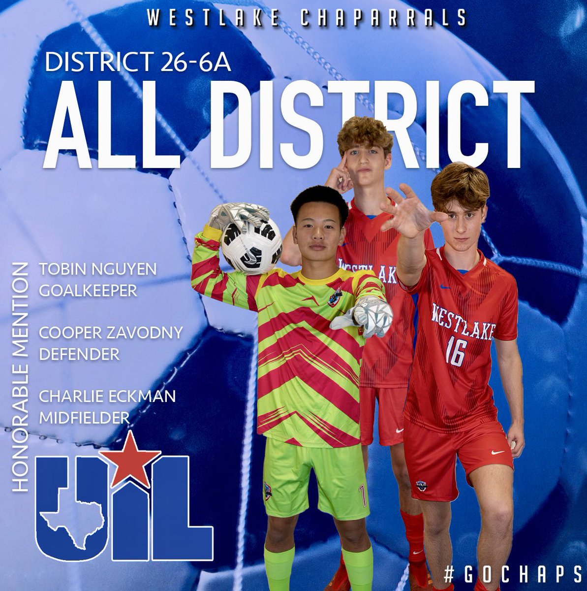 We’re thrilled to announce the 26-6A All-District Men’s Soccer Team. We begin with the three Chaps named as honorable mentions. Congratulations to Tobin Nguyen, Cooper Zavodny & Charlie Eckman. #GoChaps Tobin Nguyen: Goalkeeper Cooper Zavodny: Defender Charlie Eckman: Midfielder