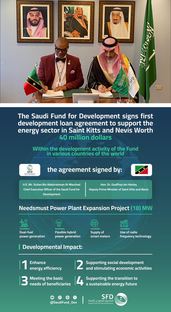 #Infographic | In line with the international developmental efforts, #SFD signed a $40 million developmental loan agreement to finance the Expansion of Needsmust Power Plant project in #Saint_Kitts_and_Nevis. Let's #ProsperTogether towards a sustainable future.