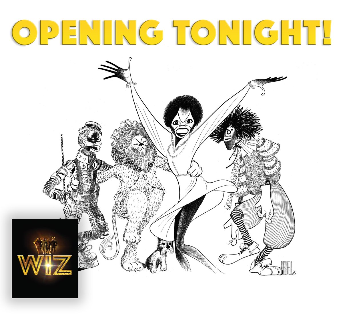 A brand new day is here on Broadway! Break a leg to the cast and crew of @thewizbway on your opening tonight! Drawing: The Wiz (Film), 1978 with Nipsey Russell, Ted Ross, Diana Ross, and Michael Jackson