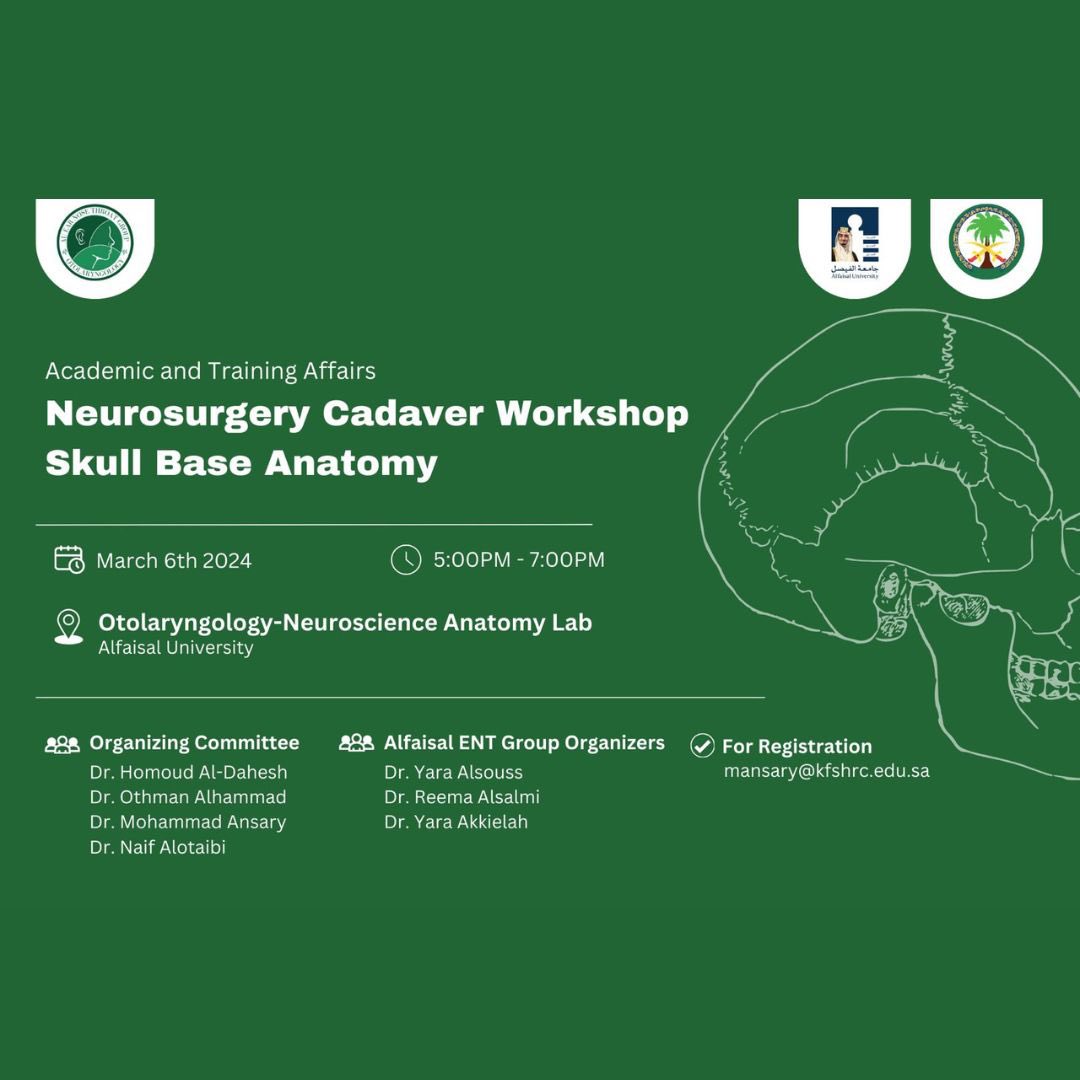 entgroup_au's tweet photo. We are immensely thankful for Dr. AlHammad, Dr. AlDahesh, Dr. Ikram, Dr. Ansary, &amp; Dr.AlOtaibi to have hosted The Neurosurgery Cadaver Workshop: Skull Base Anatomy at the Otolaryngology &amp; Neuroscience Anatomy Lab at Alfaisal University with MSA’s support! https://t.co/uvftFenRec