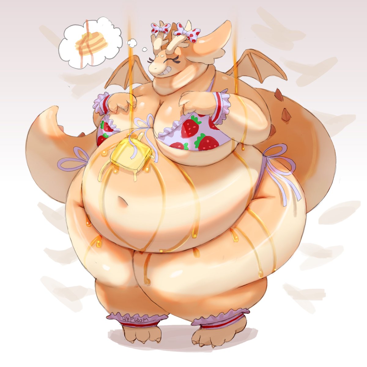 Silly piece, thinking about a wholesome breakfast. This pancake dragon doesn't know where this syrup is coming from, but it just means there's more to lick I guess lol