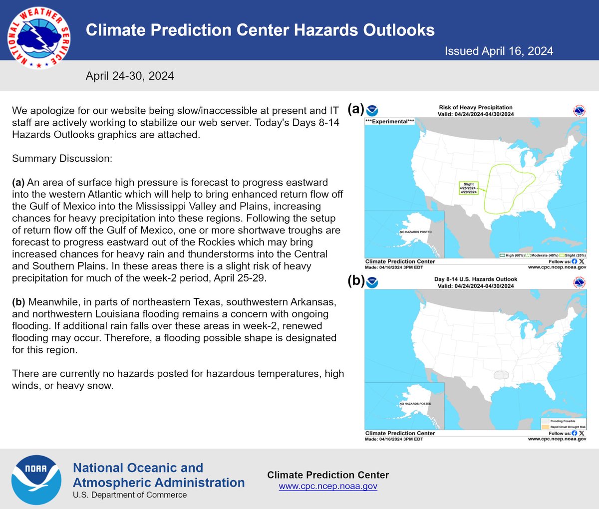 Climate Prediction Center Hazards Outlooks Issued April 16, 2024