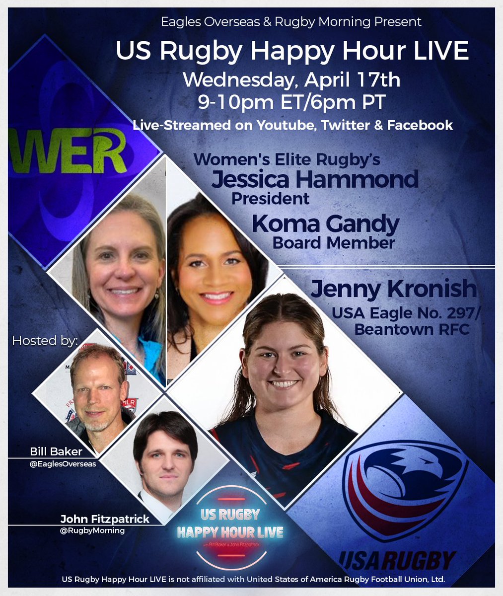 🚨 Weds on US Rugby Happy Hour LIVE, Women’s Elite Rugby is on our brains! Who better to talk to about it than WER President, Jessica Hammond & Board Member, Koma Gandy! Plus, USA Eagle & @beantownrfc’s Jenny Kronish joins to talk about what this could mean for players like her.