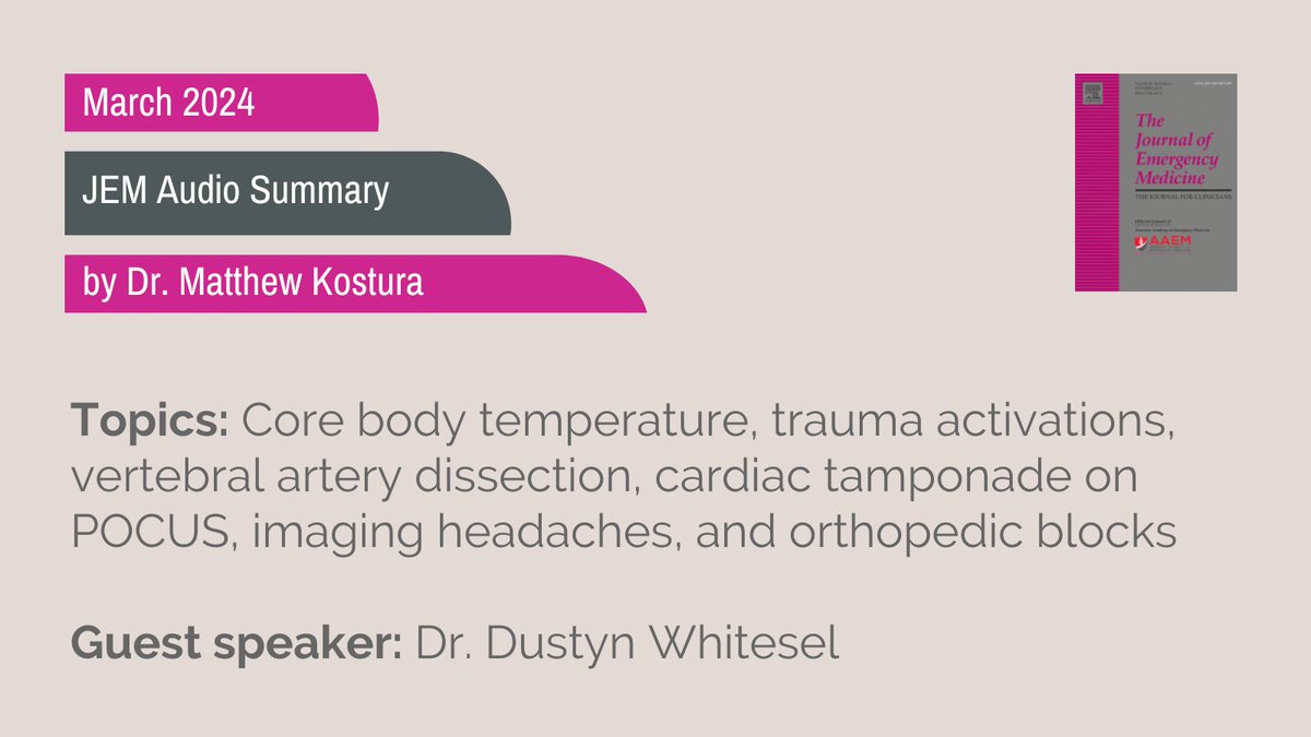 Listen to the March 2024 JEM Podcast with guest speaker Dr. Dustyn Whitesel: bit.ly/3vKuAqx @HeyDrMatt @JEM_Journal #FOAMed #MedTwitter