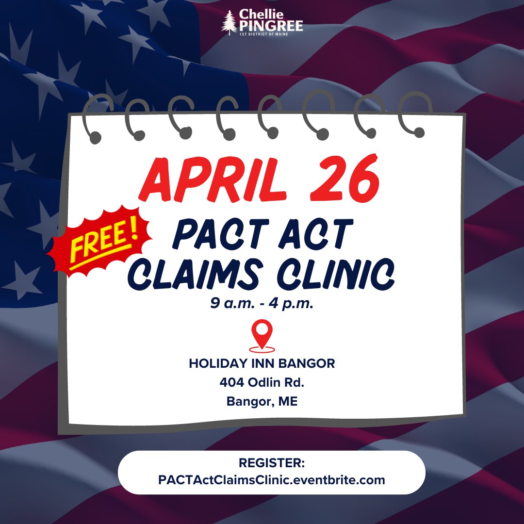 🚨Attention Maine Veterans, Servicemembers + families🚨 Don’t miss out on expanded VA health care made possible through the #PACTAct. Take advantage of the FREE PACT Act claims clinic on Friday, April 26 in Bangor ⤵️