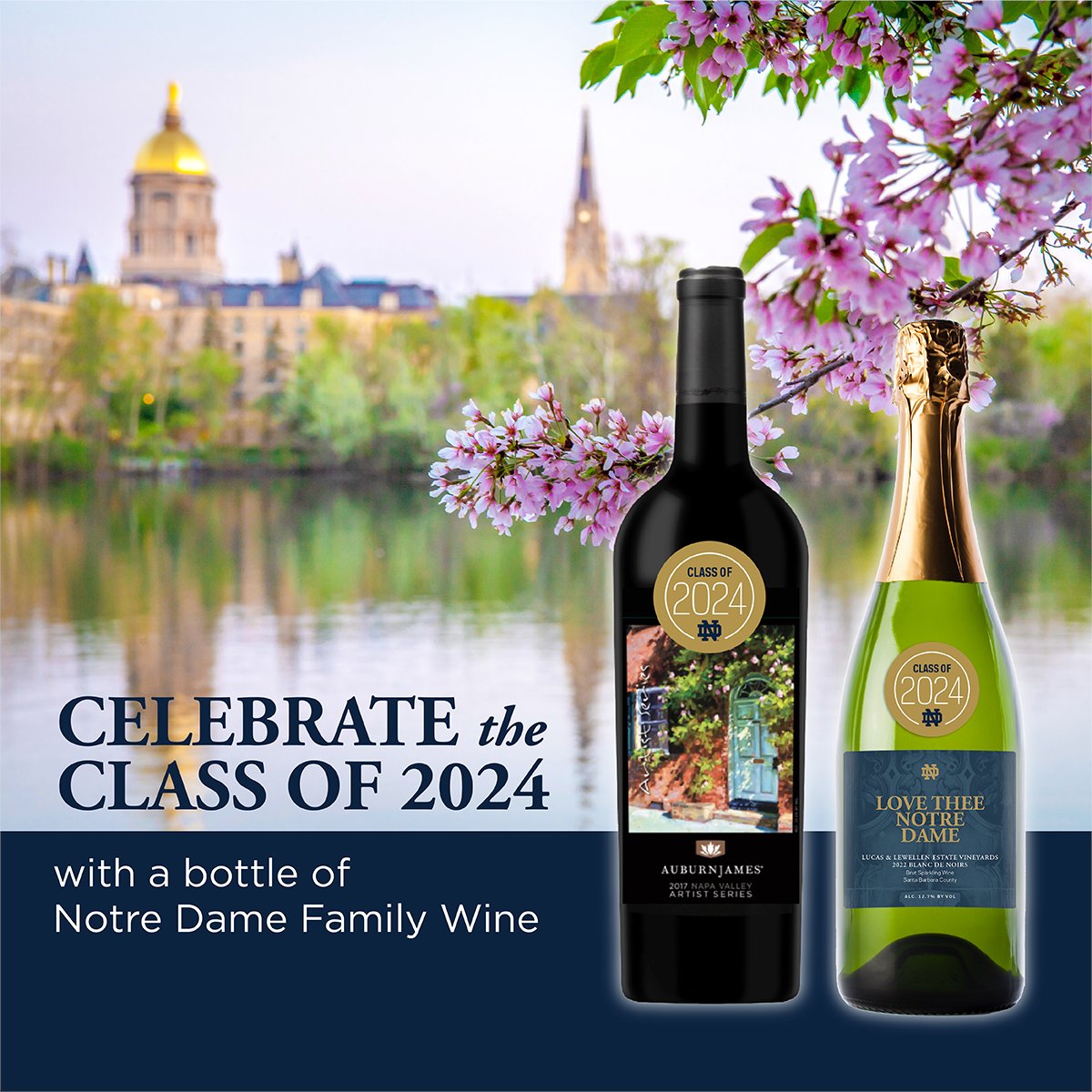 NDwines's tweet photo. We're celebrating the Class of 2024 with Notre Dame Family Wines from AuburnJames and Lucas &amp; Lewellen Vineyards!

The AuburnJames family includes Matt and Marie Ospeck, Notre Dame parents, and Erin '21 and Ellie '24. 

Buy yours today: https://t.co/I3YUHwfWlk https://t.co/sOPPyWUGVk