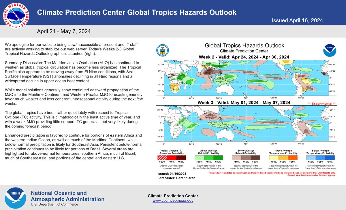 Climate Prediction Center Global Tropics Hazards Outlook Issued April 16, 2024