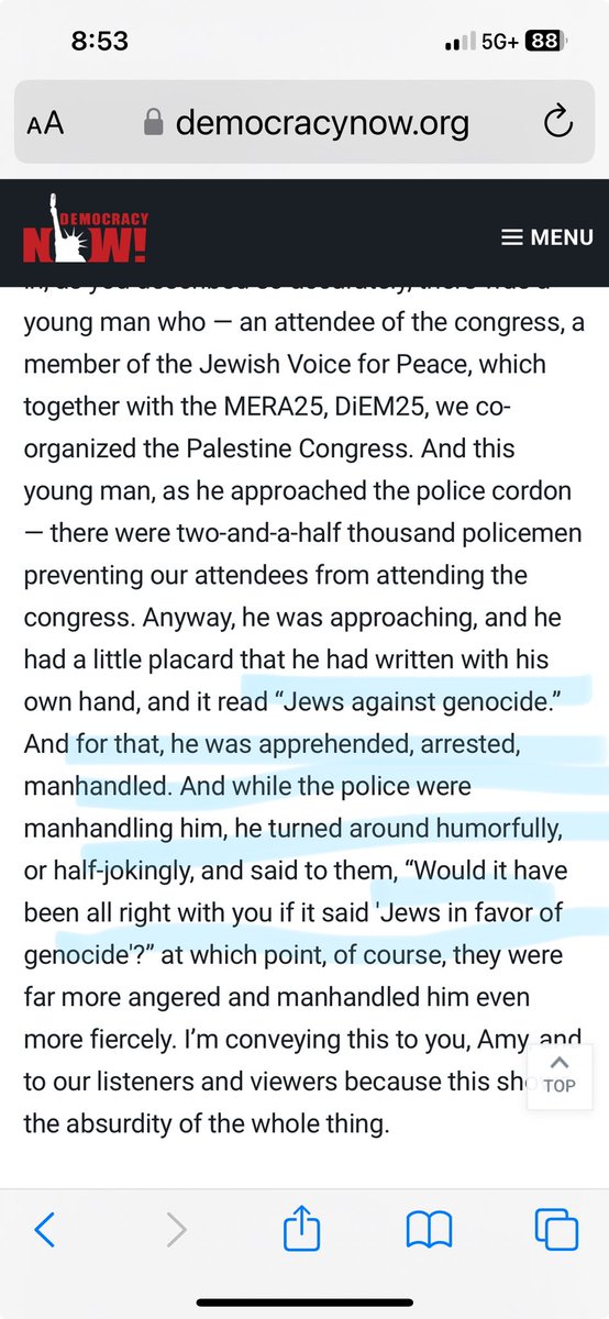 “he had a little placard that he had written with his own hand, & it read ‘Jews against genocide.’ &for that, he was apprehended, arrested, manhandled. And…[he] said to them, “Would it have been all right with you if it said 'Jews in favor of genocide'?” democracynow.org/2024/4/16/germ…