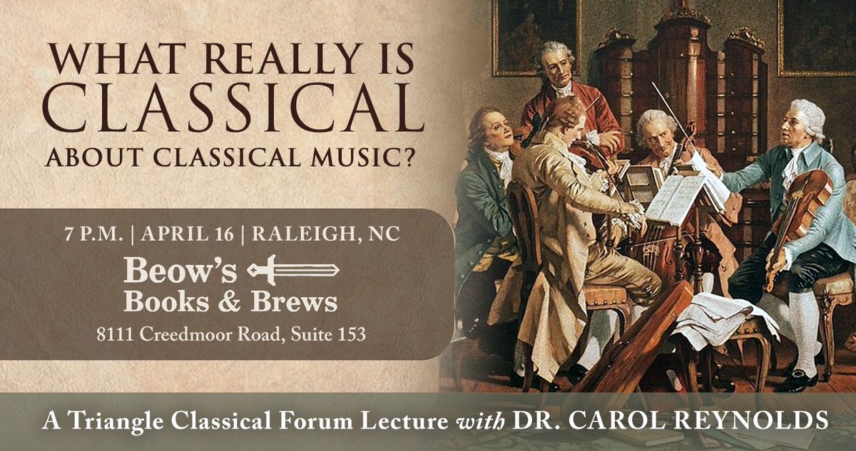 TClassicalForum's tweet photo. Join us TONIGHT at 7pm at @BeowsBooks to hear Dr. Carol Reynolds answer the question, "What really is classical about classical music?" Grab a drink and settle back in a comfortable chair to take part in the great conversation together! https://t.co/ldBkAw3Xho