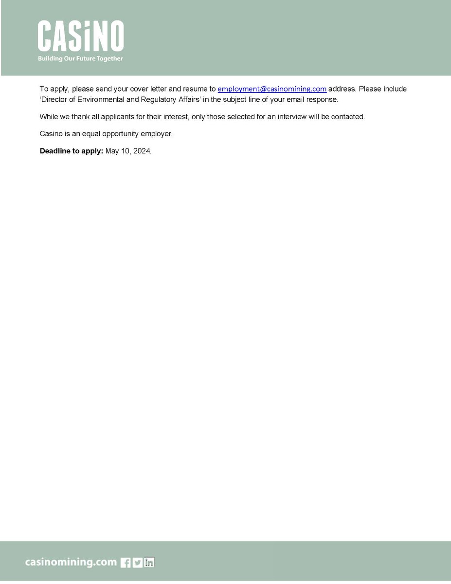 Casino Mining Corporation is hiring!
We’re looking for a qualified individual to join our team as the Director, Environmental &amp; Regulatory Affairs.
For more details, please see the job description below.
#Hiring #JobSearch #Recruitment