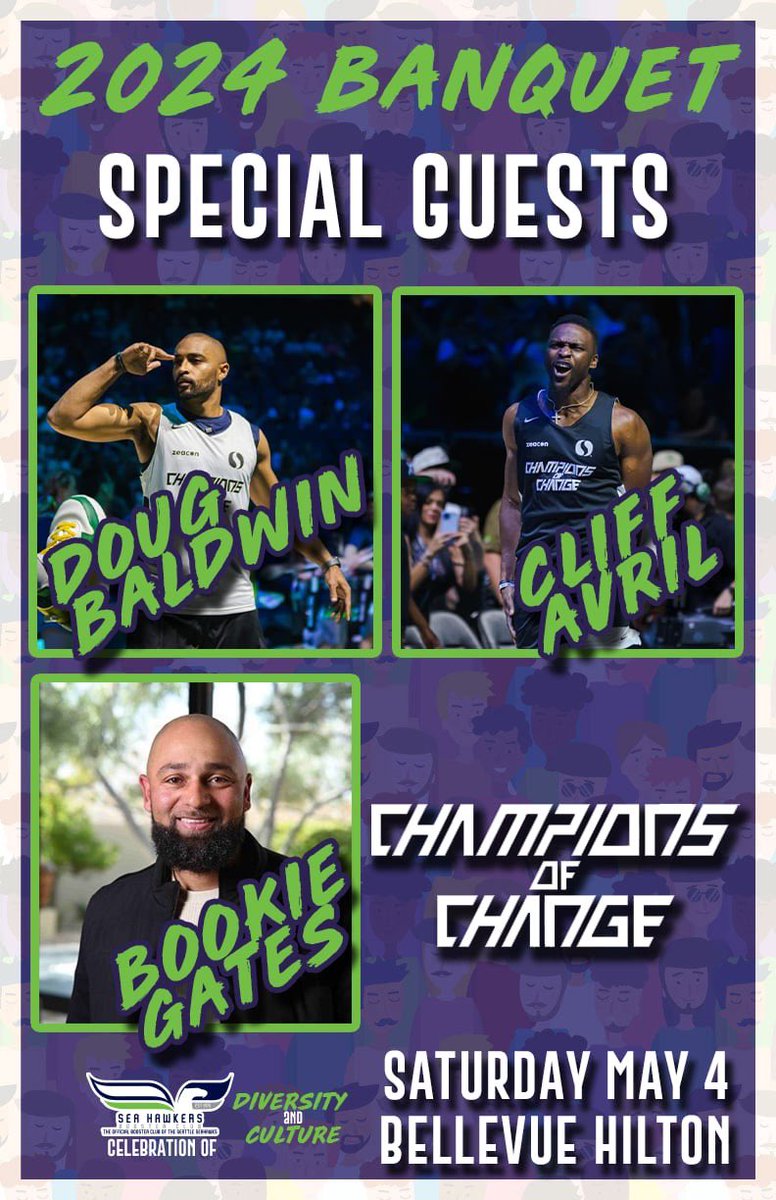 Seahawks Legends @DougBaldwinJr and @cliffavril, and @CofCSeattle Executive Director, @bookiegates, will join us at this year’s banquet!! 🤩 🎫 form.jotform.com/240625721155148 Learn more about CoC’s mission and get your Celebrity Basketball tickets at championsofchangefoundation.org