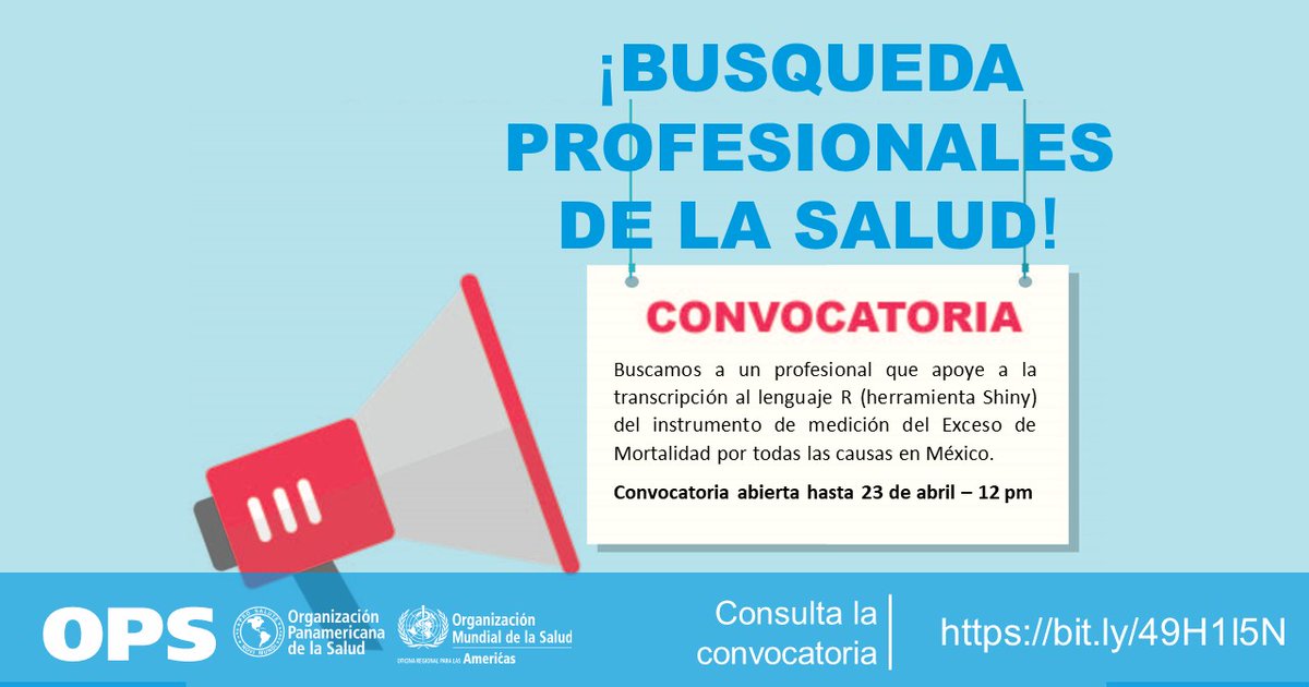 🔔Colabora con Nosotros💼 ℹ️ Tenemos una nueva convocatoria. Profesional que apoye la transcripción al lenguaje R del instrumento de medición del Exceso de Mortalidad por todas las causas en México. ➕ Información: bit.ly/49H1l5N #EmpleosOPS #PAHOJobs