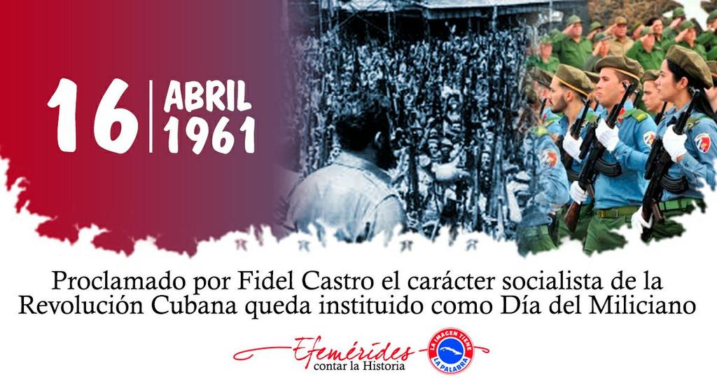 Un día como hoy pero del año 1961, el Líder Histórico de la Revolución Cubana, Comandante en Jefe Fidel Castro Ruz en La Habana declaró el carácter Socialista de la Revolución y se estableció el día del Miliciano. . . . #EmpresadeCorreosCiegodeÁvila #LatirÁvileño