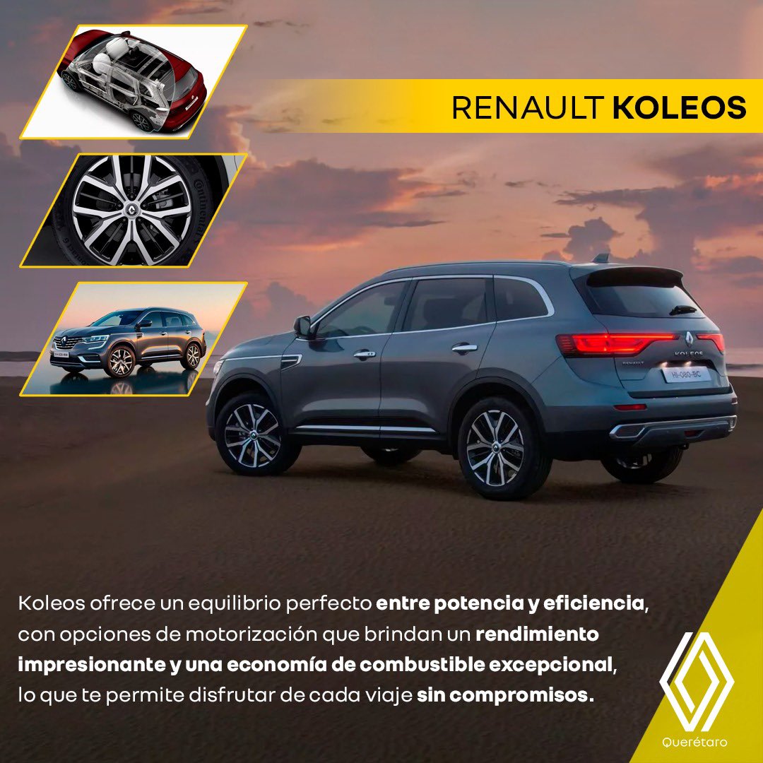 Renault_Qro's tweet photo. Descubre la libertad en cada esquina con #RenaultKoleos 
Estrenar este compacto SUV en #RenaultQuerétaro significa más que tener un auto nuevo, es tener un compañero de confianza para tus viajes. 🚗✨#AventurasSinLímites
Cotiza aquí 👉 https://t.co/iJsMJQDn6b https://t.co/4UMzuHsLFH