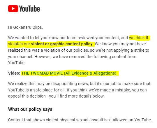 Gokanaru's tweet photo. YouTube just deleted my Twomad interview. It was released 6 months ago &amp; was cited in the court case against Twomad as a primary source. I was completely respectful of the alleged victim (censoring her name/face in the evidence Twomad exposed) &amp; spent a month+ vetting/editing it. https://t.co/491DQBmzFj