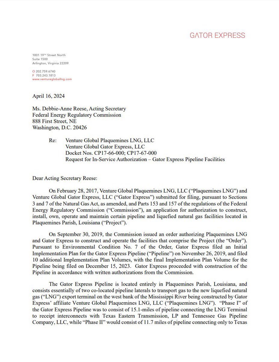 🐊⚜️ Venture Global LNG is seeking permission to place part of its Gator Express Pipeline into service this weekend   The pipeline feeds Plaquemines LNG under construction south of New Orleans   PDF copy at is.gd/lNLgzz   #LNG #ONGT #NatGas #Shale #OOTT #Houston #NOLA