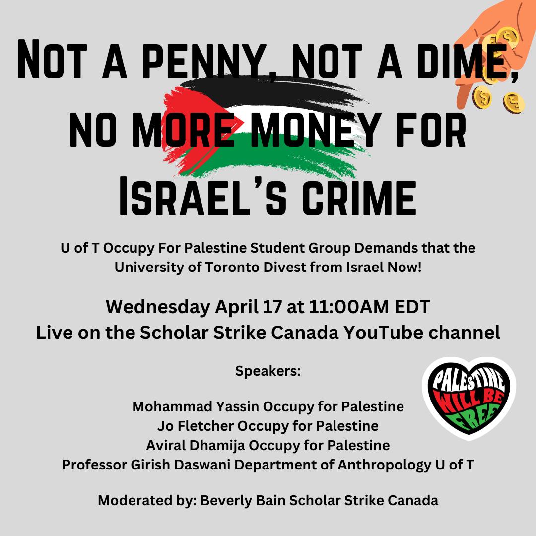 Tomorrow, 11am, students from @occupyuoft will discuss their activism, responses from admin and campus police, and what divestment looks like at UofT. We'll talk about precedents but also about recent events that demand new ways forward. Join here: youtube.com/live/s70eVxUdP…