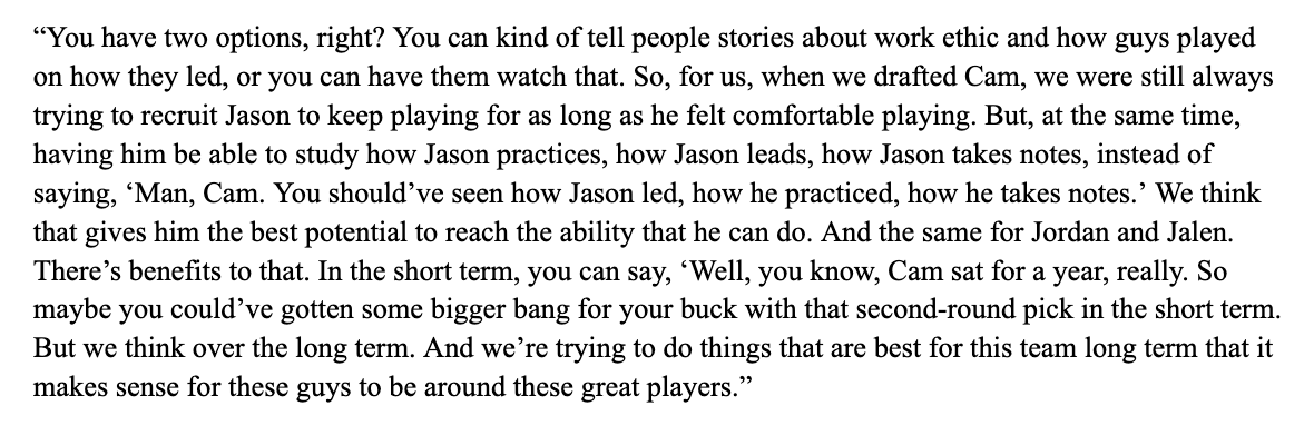 Really interesting explanation from Howie Roseman on drafting with a long-term view in mind, which involves making use of the high-quality veterans already on the roster.