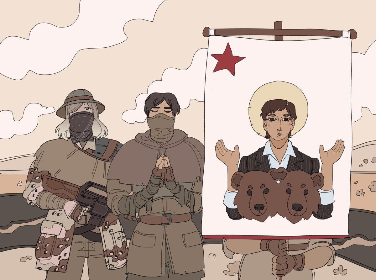 NCR Trooper Remnants pilgrimaging out of Shady Sands with the icon of Our Lady of California, Innocence Tandi.
