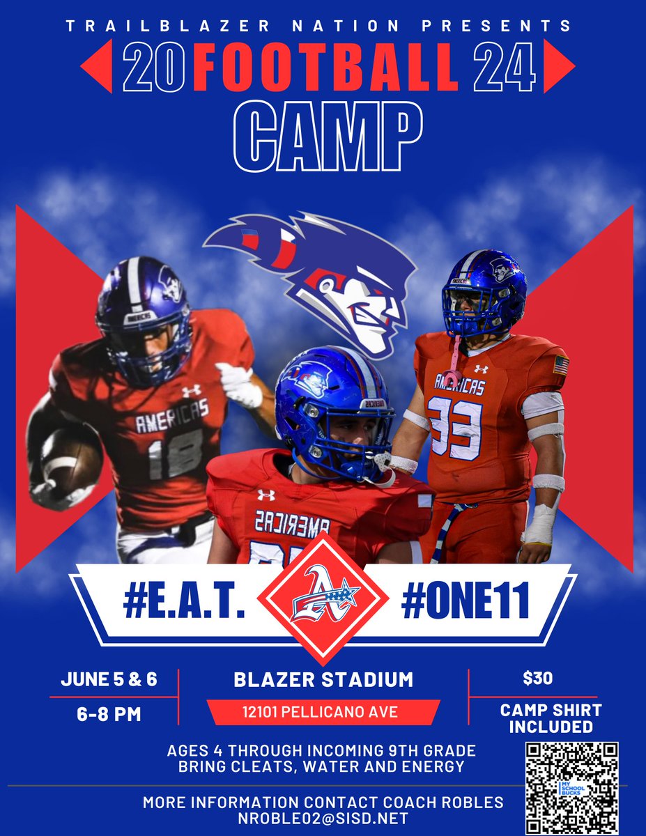 Summer football camp! June 5th & 6th from 6 to 8pm at Blazer Stadium. Ages 4-incoming 9th graders. Bring your cleats water and energy! Register today!!! myschoolbucks.com/ver2/prdembd?r… @Americas_HS @Coach_NoeRobles #One11 #EAT