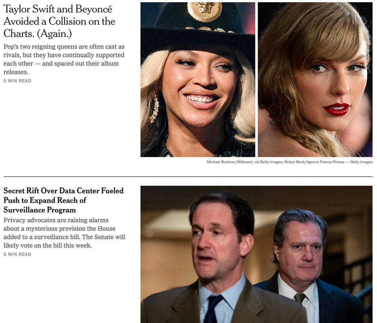 Weird semi-found art pairing on the NYT homepage right now. How many people out there are likely to click on and read both stories?