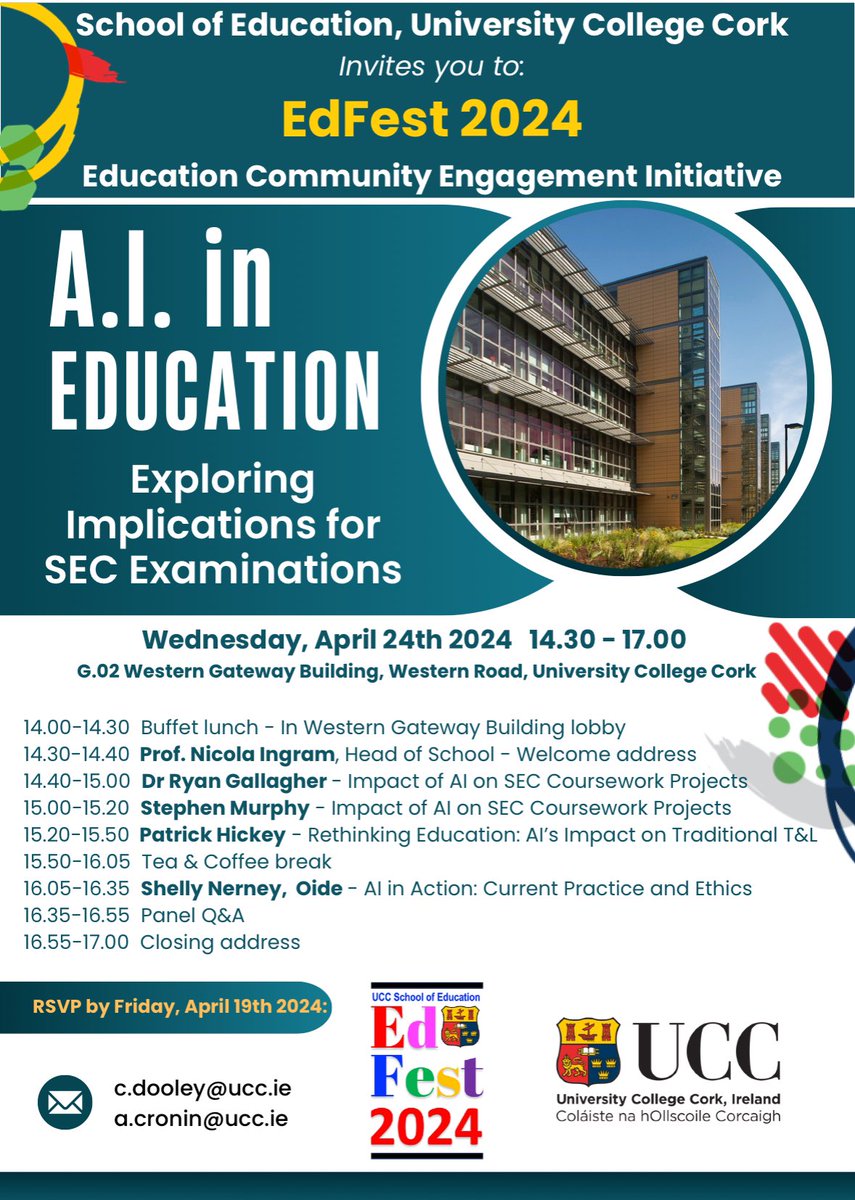 Honoured to return to my alma mater.  Looking to share my thoughts on how AI is reshaping traditional teaching, assessment and learning generally for the better at EdFest 2024. @UCC @UCCSchoolofEd 

#ai #artificialintelligence #teaching #classroom #teachingtips #teachingtools