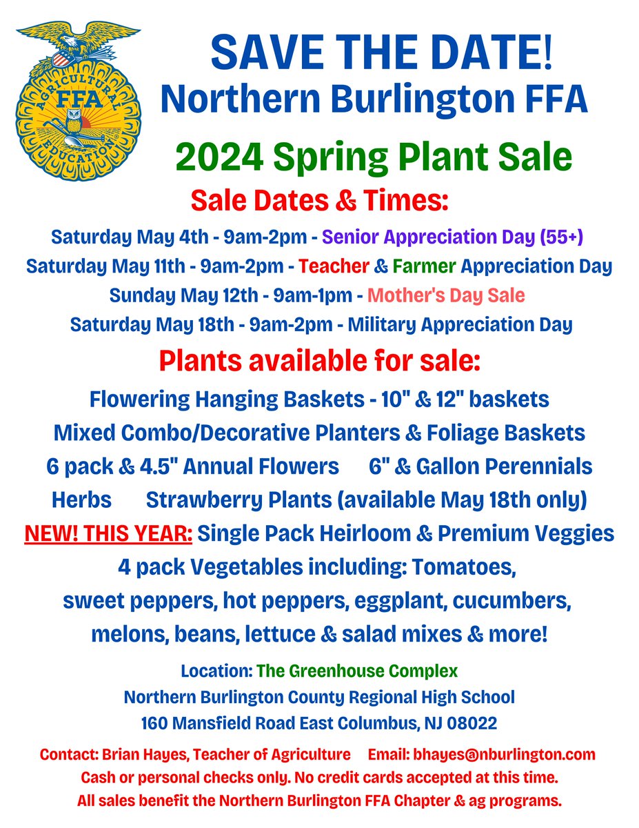 Northern FFA Spring Plant Sale The Northern FFA Chapter will be holding its annual Spring Plant Sale days on May 4th, 11th, 12th & 18th. Horticulture students have been working hard since January in the greenhouse seeding, planting and transplanting to prepare for our sale!
