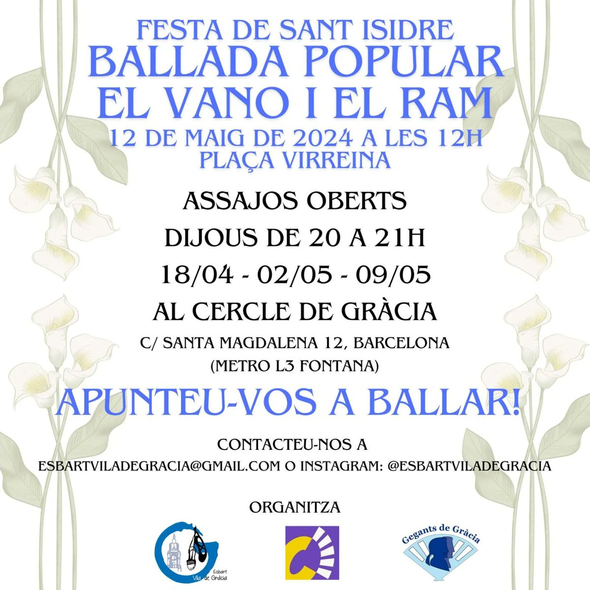GegantsdeGracia's tweet photo. 1️⃣ mes per nostra Diada, pels volts de #SantIsidre, el cap de setmana de l'11 i 12 de maig!
Per les circumstàncies, canviarem el format, traslladant la cercavila de convidades al dissabte.
Igualment, el diumenge tornarem a realitzar la #BalladaPopular! Participeu-hi!!! 😊😊😊 https://t.co/D6vHc7tCPQ